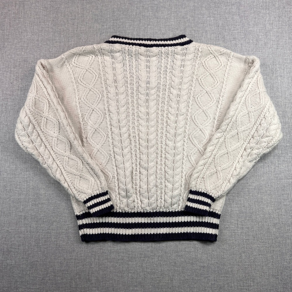 VTG 90s Birch Bros Cable Knit Cricket Sweater Women L White Navy Ivy Tennis Prep - Picture 5 of 9
